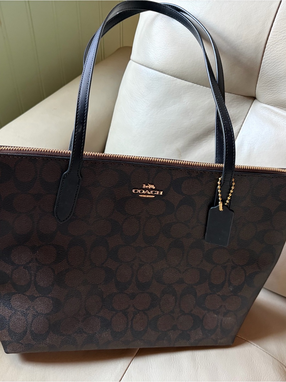 Coach Brown Signature Monogram Tote with Black Handles #4455